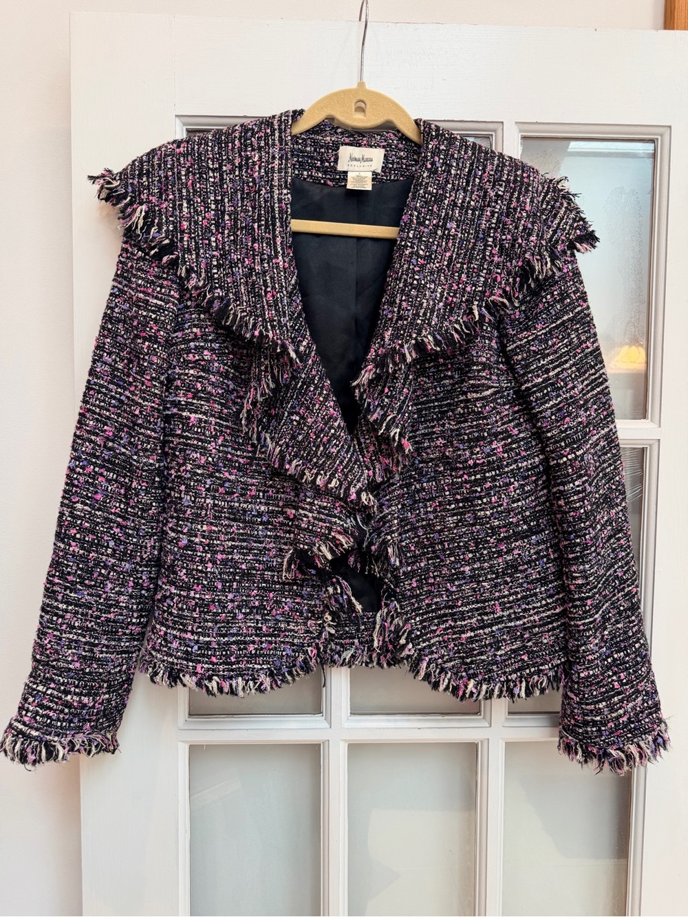 Vintage Neiman Marcus Exclusive Chic Black Pink Tweed Fringed Jacket Size Small